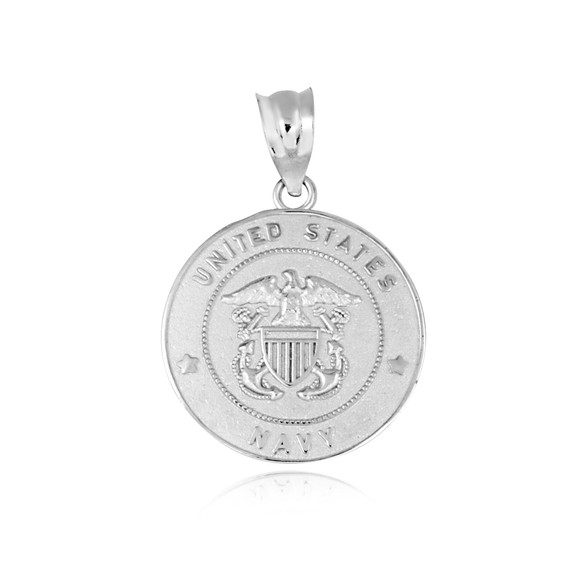 White Gold United States Navy Officially Licensed Shield Eagle Anchor Emblem Medallion Pendant