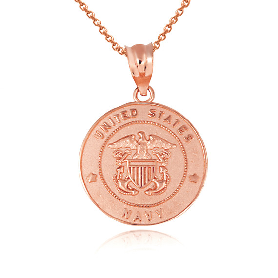 Rose Gold United States Navy Officially Licensed Shield Eagle Anchor Emblem Medallion Pendant Necklace