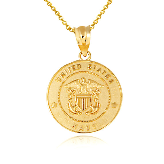 Gold United States Navy Officially Licensed Shield Eagle Anchor Emblem Medallion Pendant Necklace