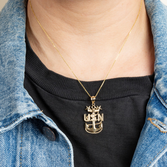 Gold United States Navy Officially Licensed Master Chief Petty Officer Anchor Pendant Necklace (Available in Yellow/Rose/White Gold)