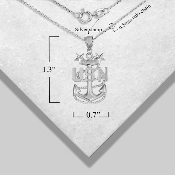 .925 Sterling Silver United States Navy Officially Licensed Master Chief Petty Officer Anchor Pendant Necklace with measurements