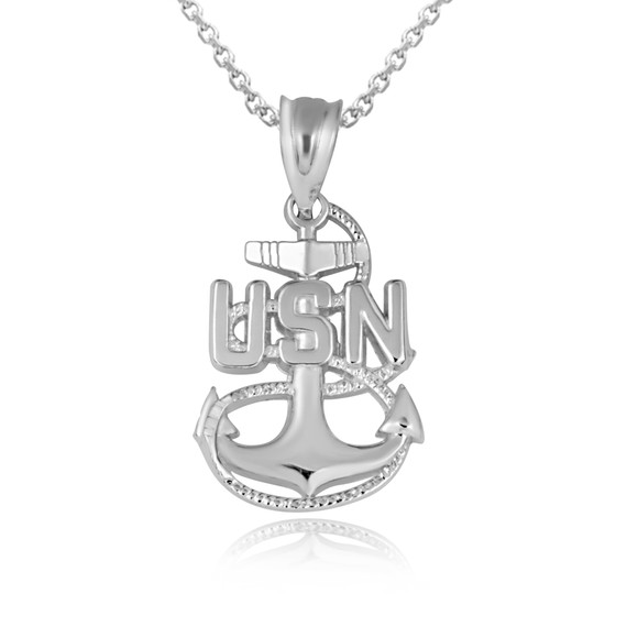 White Gold United States Navy Officially Licensed Chief Petty Officer Pendant Necklace