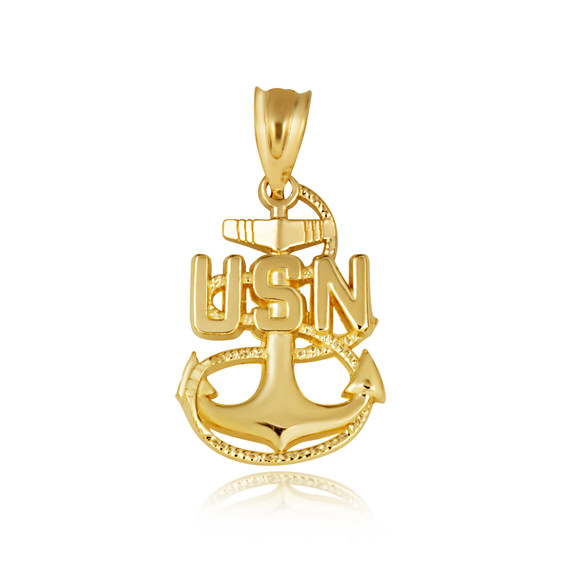 Gold United States NavGold United States Navy Officially Licensed Chief Petty Officer Pendant Necklace on female modely Officially Licensed Chief Petty Officer Pendant