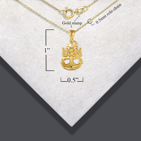 Gold United States Navy Officially Licensed Chief Petty Officer Pendant Necklace with measurements