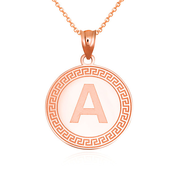 Rose Gold Personalized Letter Initial Greek Key Medallion Pendant Necklace