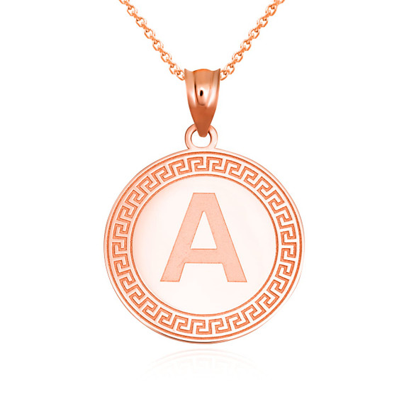 Rose Gold Letter A Initial Greek Key Medallion Pendant Necklace
