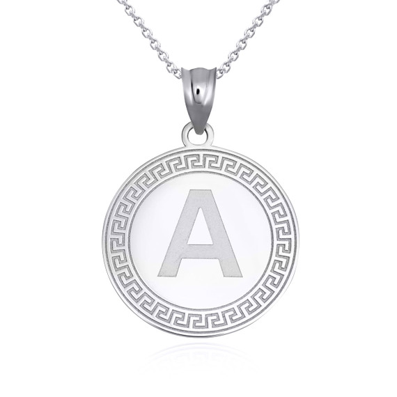White Gold Letter A Initial Greek Key Medallion Pendant Necklace