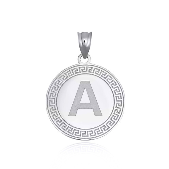 White Gold Personalized Letter A Initial Greek Key Medallion Pendant