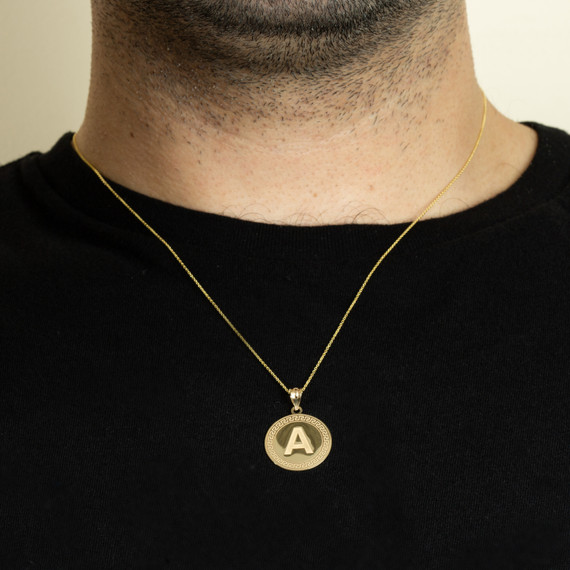 Gold Personalized Letter Initial Greek Key Medallion Pendant Necklace on male model