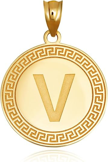 Gold Letter "A-Z" Initial Greek Key Medallion Pendant Necklace (Available in Yellow/Rose/White Gold)