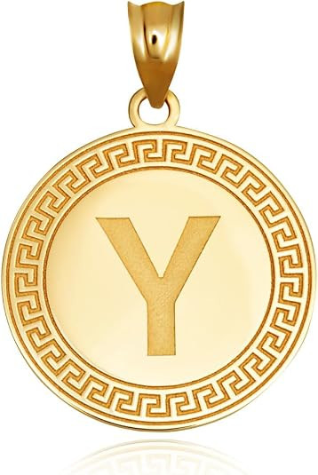 Gold Letter "A-Z" Initial Greek Key Medallion Pendant Necklace (Available in Yellow/Rose/White Gold)