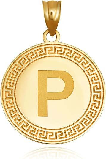 Gold Letter "A-Z" Initial Greek Key Medallion Pendant Necklace (Available in Yellow/Rose/White Gold)