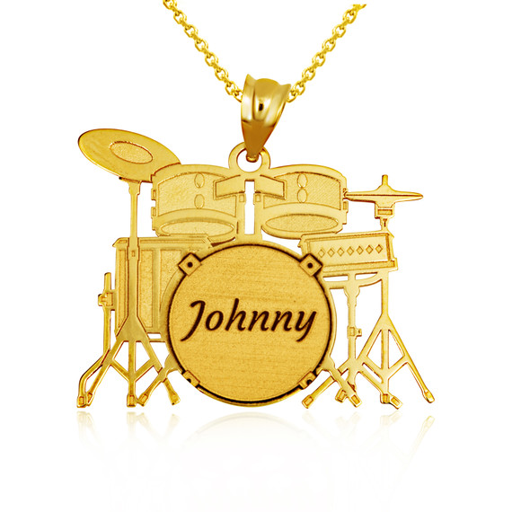 Gold Engravable Music Drum Set Pendant Necklace (Available in Yellow/Rose/White)