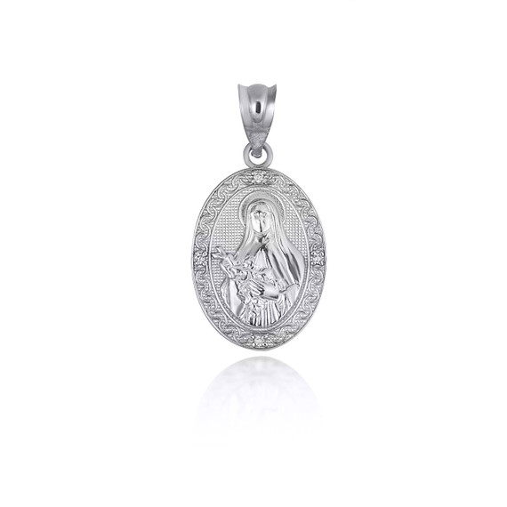 .925 Sterling Silver Saint Therese CZ Oval Victorian Medallion Pendant