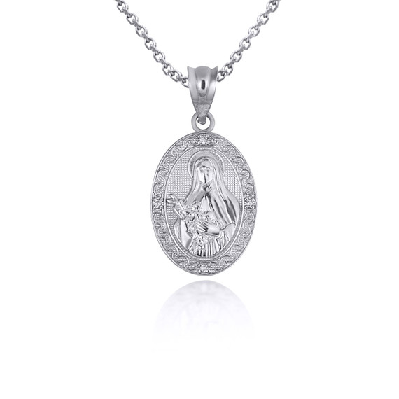 .925 Sterling Silver Saint Therese CZ Oval Victorian Medallion Pendant Necklace