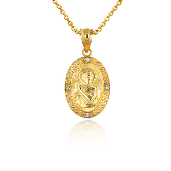 Gold Saint John Diamond Oval Victorian Medallion Pendant Necklace (Available in Yellow/Rose/White Gold)