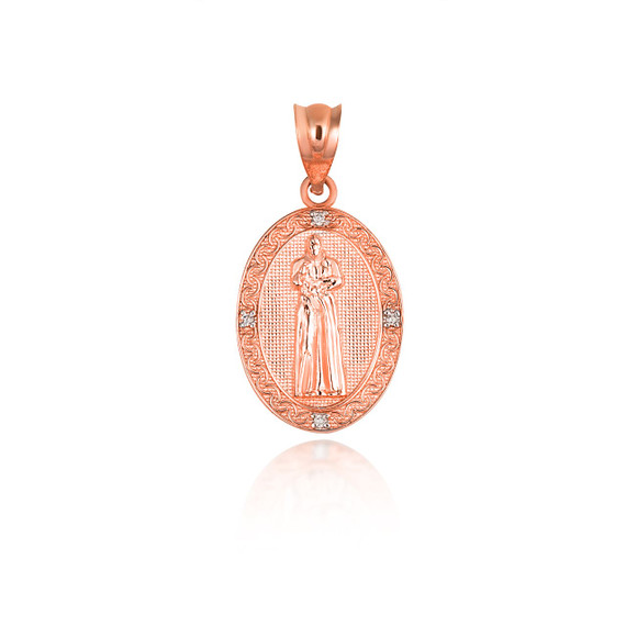 Gold Saint Pio Diamond Oval Victorian Medallion Pendant Necklace (Available in Yellow/Rose/White Gold)