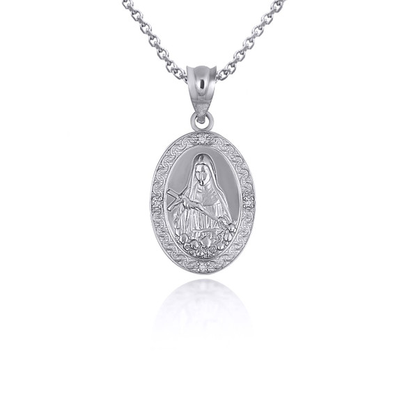 White Gold Saint Rita Oval Victorian Medallion Pendant Necklace