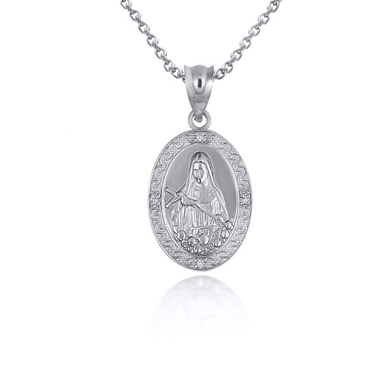 .925 Sterling Silver Saint Rita CZ Oval Victorian Medallion Pendant Necklace