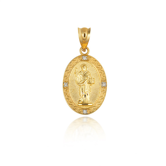 Gold Saint Dominic Diamond Oval Victorian Medallion Pendant Necklace (Available in Yellow/Rose/White Gold)