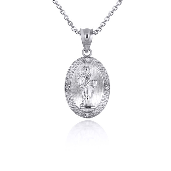 .925 Sterling Silver Saint Dominic CZ Oval Victorian Medallion Pendant Necklace