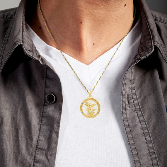 Gold Religious Saint Michael CZ Medallion Pendant Necklace on male model