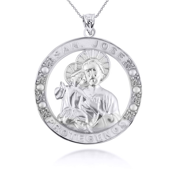 .925 Sterling Silver Religious Saint Joseph CZ Medallion Pendant Necklace