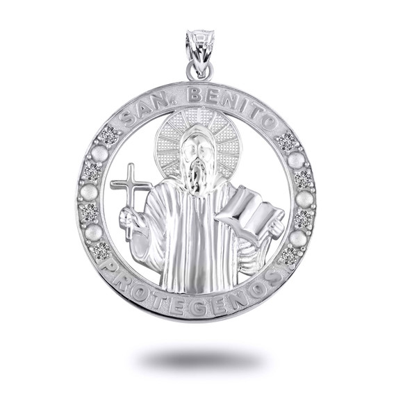 White Gold Religious Saint Benedict CZ Medallion Pendant