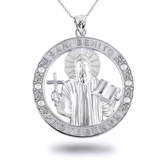 White Gold Religious Saint Benedict CZ Medallion Pendant Necklace