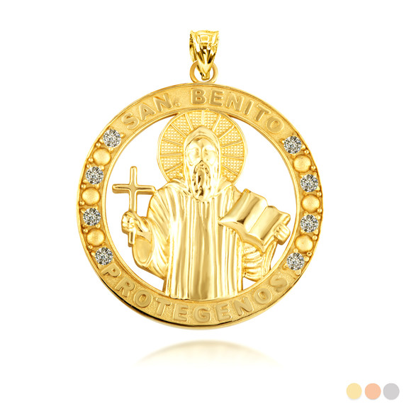 Gold Religious Saint Benedict CZ Medallion Pendant