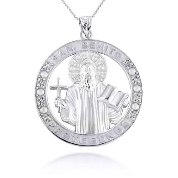 .925 Sterling Silver Religious Saint Benedict CZ Medallion Pendant Necklace