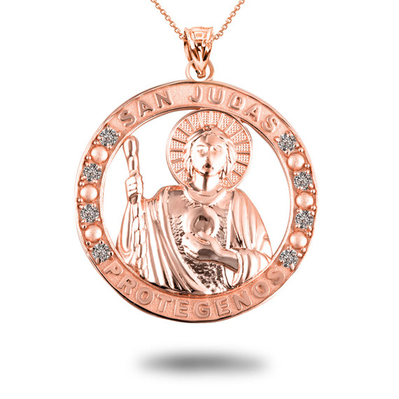 Rose Gold Religious Saint Jude CZ Medallion Pendant Necklace