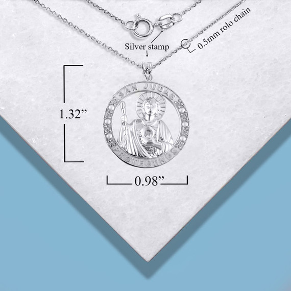 .925 Sterling Silver Religious Saint Jude CZ Medallion Pendant Necklace with measurements