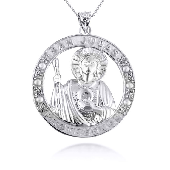 .925 Sterling Silver Religious Saint Jude CZ Medallion Pendant Necklace