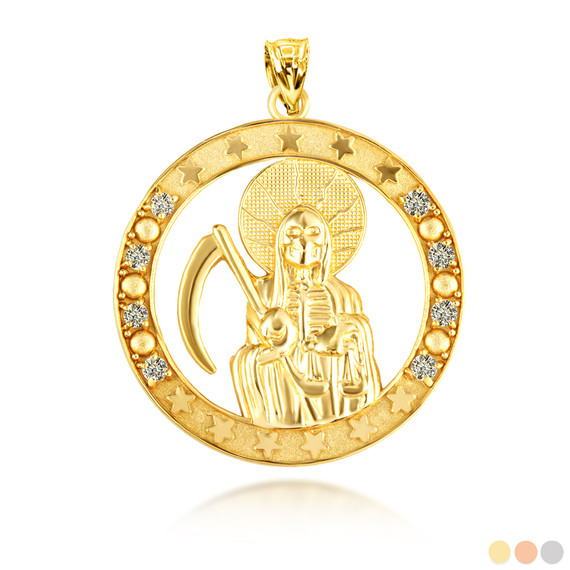 Gold Cubic Zirconia Santa Muerte Grim Reaper Round Pendant