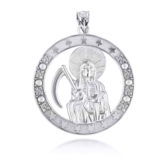 .925 Sterling Silver Religious Santa Muerte CZ Medallion Pendant