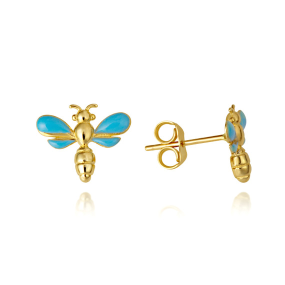 14K Yellow Gold Turquoise Enamel Dragonfly Stud Earrings
