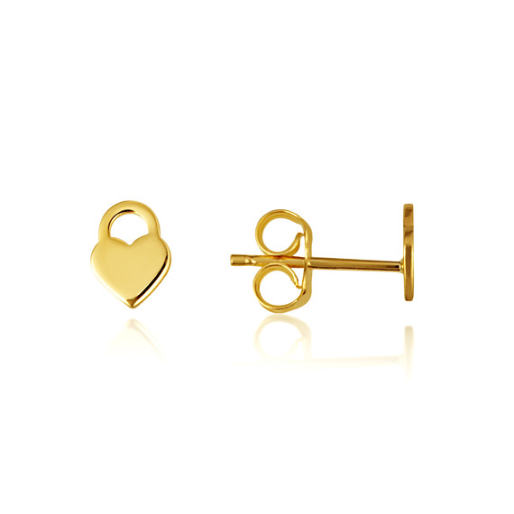 14K Yellow Gold Heart Lock Stud Earrings