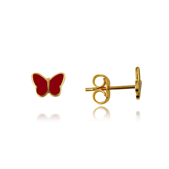 Yellow Gold Red Enamel Butterfly Stud Earrings