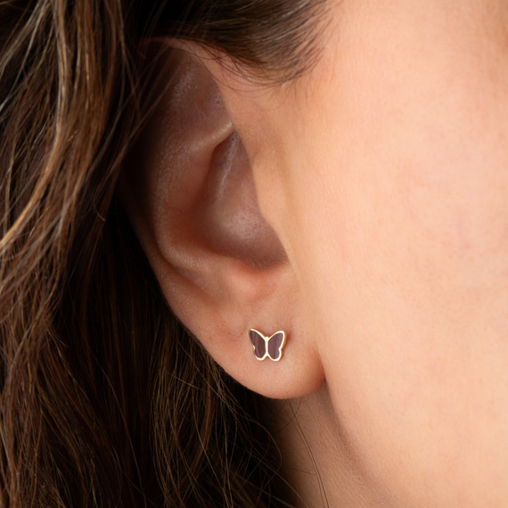 Yellow Gold Red Enamel Butterfly Stud Earrings on female model
