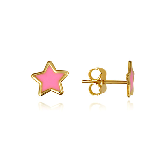 14K Yellow Gold Pink Enamel Starfish Stud Earrings