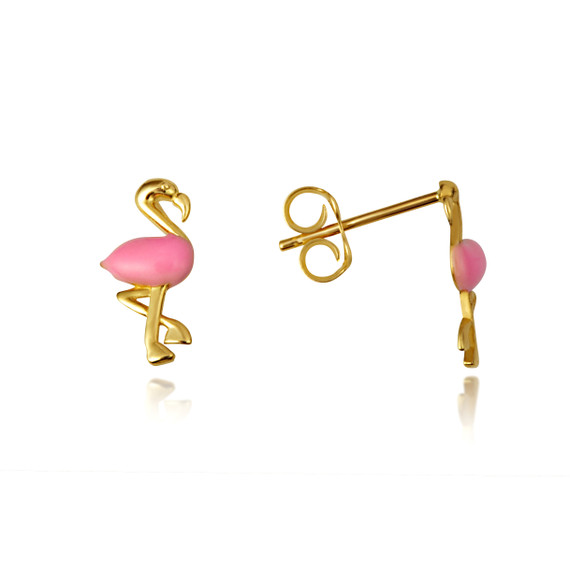 14K Yellow Gold Pink Flamingo Tropical Bird Enamel Stud Earrings
