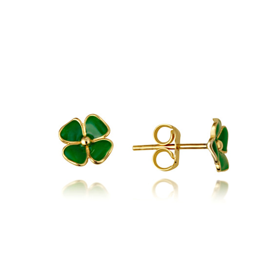 14K Yellow Gold Green Enamel Lucky Four Leaf Clover Stud Earrings