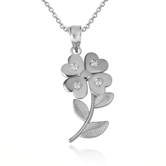 White Gold  4 Leaf Clover Heart Flower Pendant Necklace