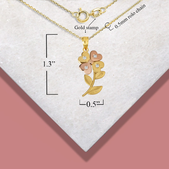 Two-Tone 4 Leaf Clover Heart Flower Pendant Necklace with measurements