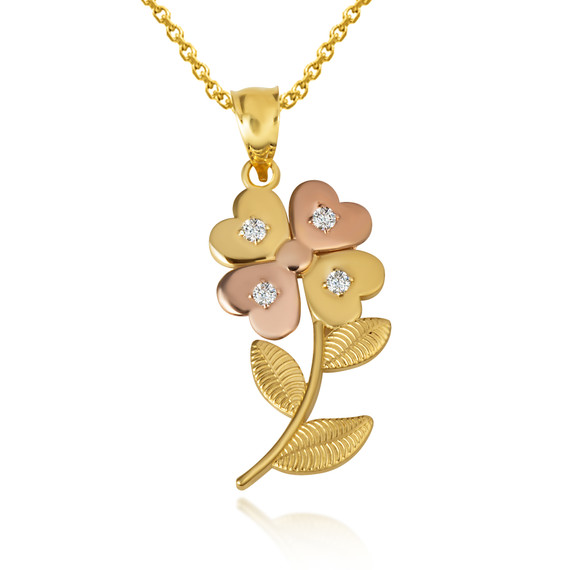 Two-Tone 4 Leaf Clover Heart Flower Pendant Necklace