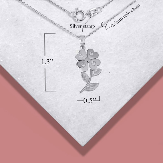 .925 Sterling Silver 4 Leaf Clover Heart Flower Pendant Necklace with measurements