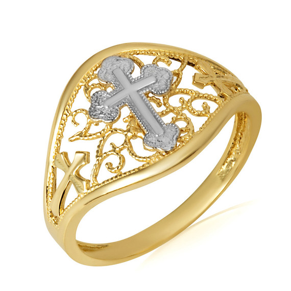 Two-Tone Filigree Cross Ring