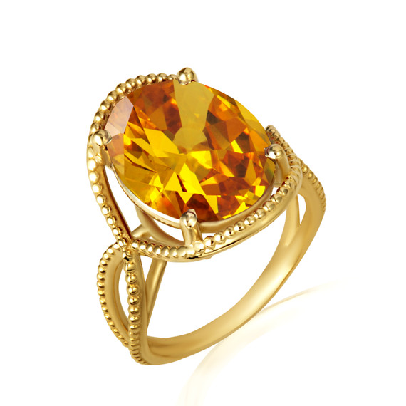 Gold Beaded Oval Citrine Gemstone Infinity Ring