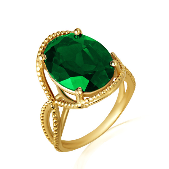 Gold Beaded Oval Emerald Gemstone Infinity Ring